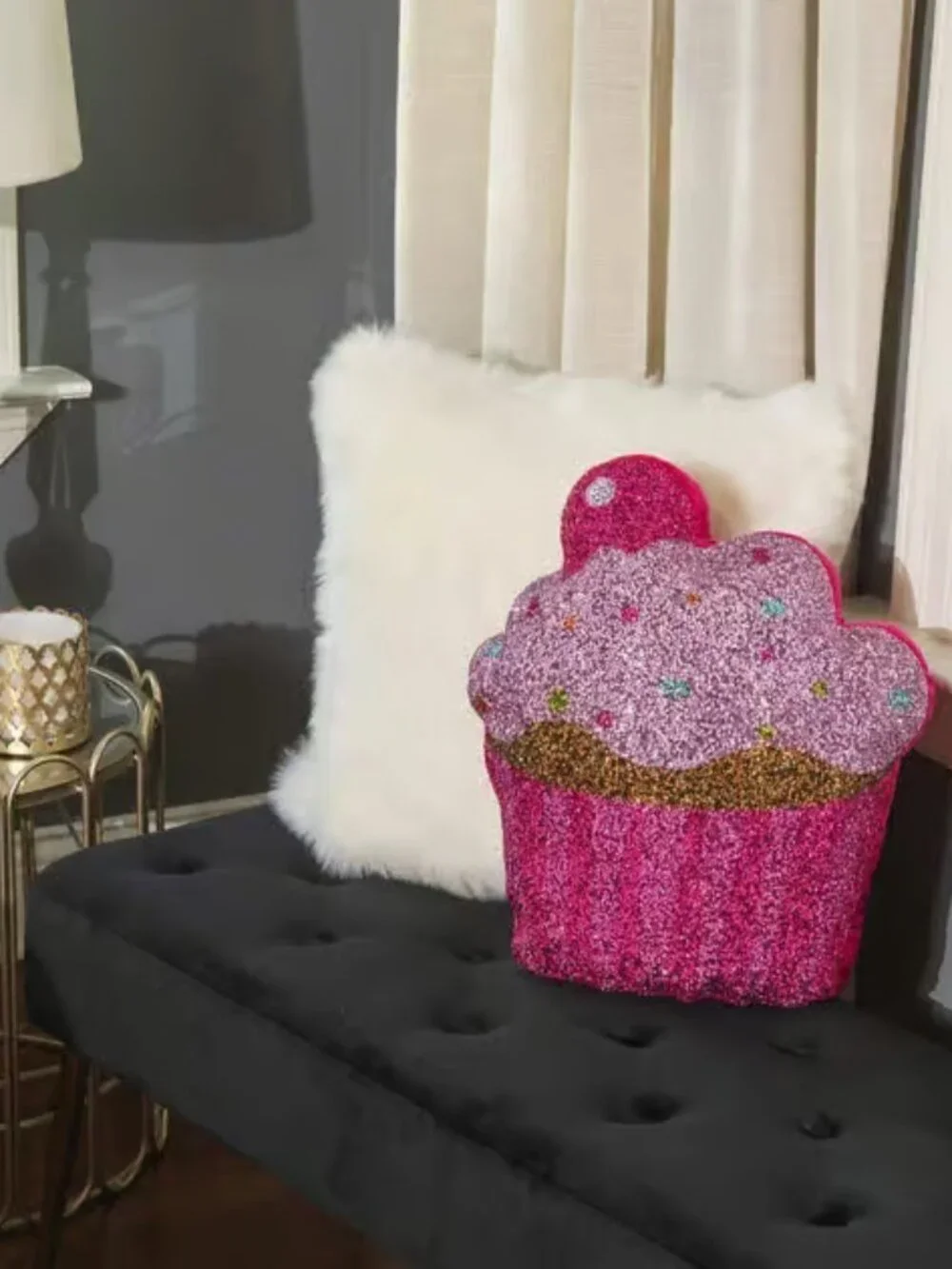 Sparkles Home Shaped Pillow Cupcake 16.5x15.75in Pink Glitter Decorative
